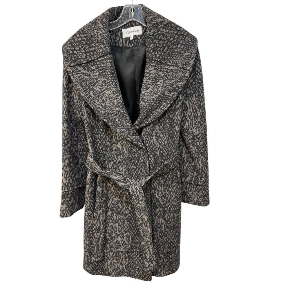 Calvin Klein Wool Double Breasted Wrap Long Coat Snake Print Women’s Size 12
